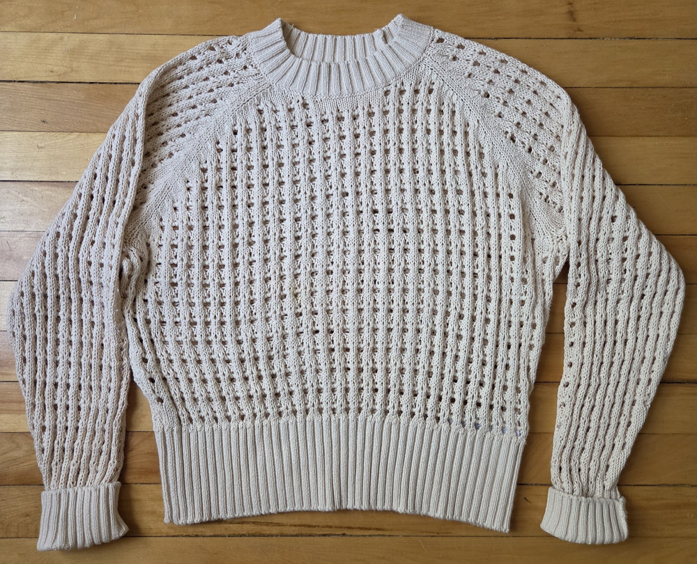 J Crew Crewneck Pointelle Sweater Beige 100% Cotton Open Weave Womens L.